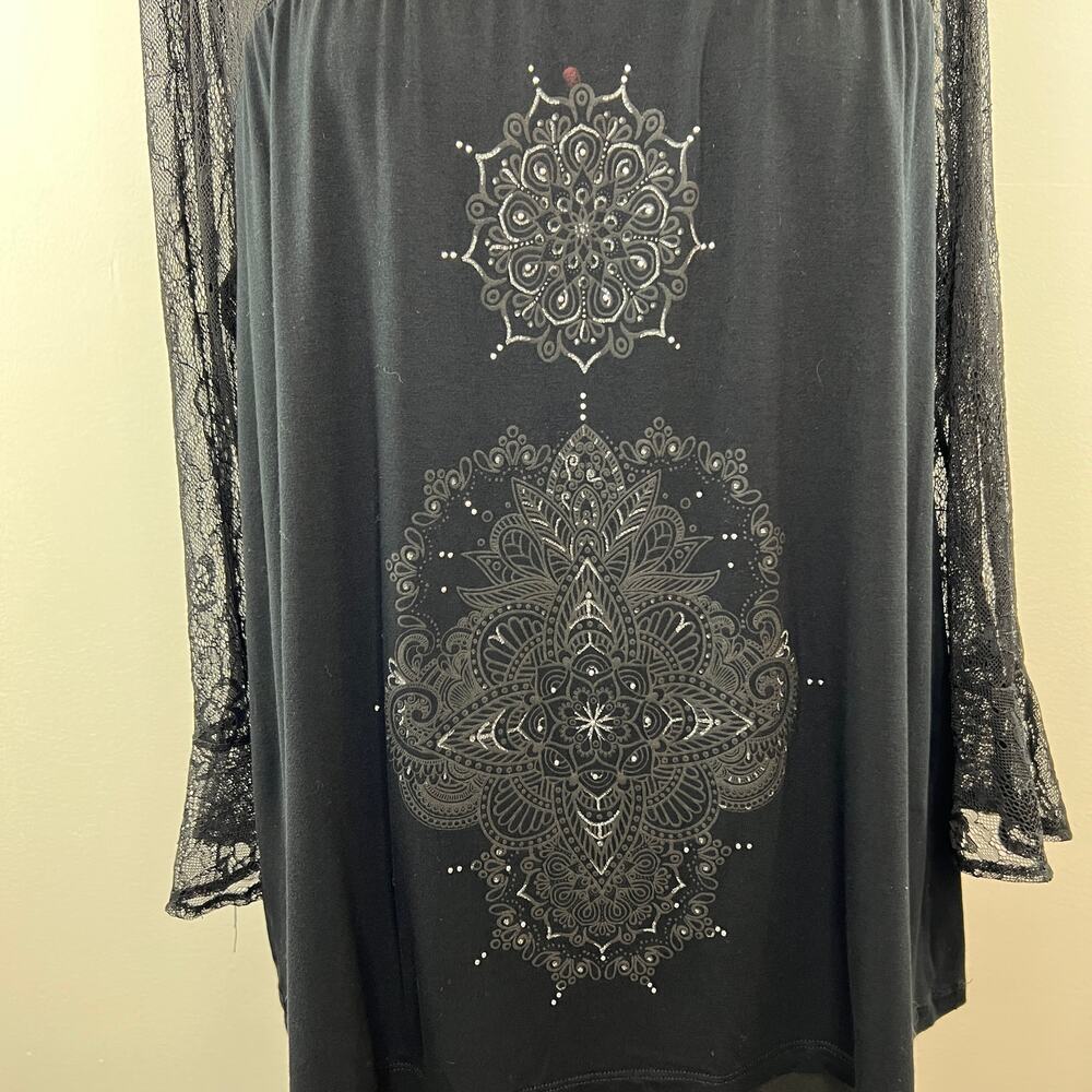 DESIGUAL Alegra Black Sheer Lace Rhinestone 3/4 Sleeve Boho Blouse Plus XXL - Picture 2 of 8